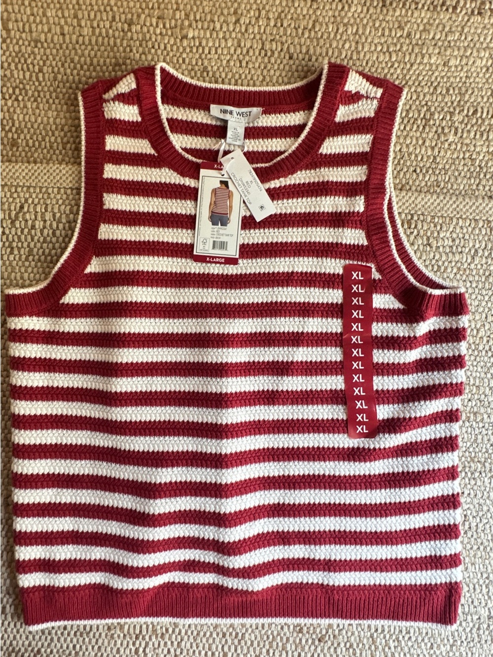 Nine West Crochet Tank Top XL NWT Red Ivory Stripe Cotton Knit Vest Game Day
